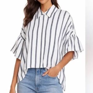 Alice + Olivia Edyth High Low Button Down White and Blue Striped Women's Top